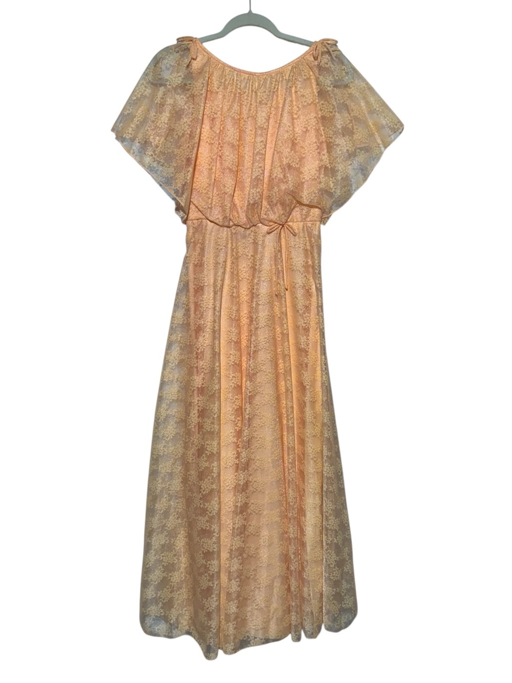 Vintage 70s Peach Lace Maxi Gown Dress Size Small Prom Grecian Goddess Angel
